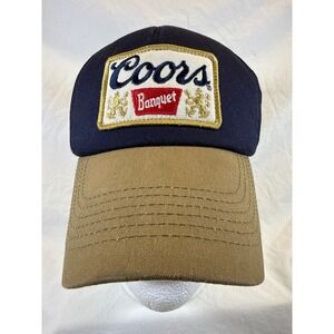 Coors Banquet Beer Trucker Hat Navy Blue Tan Mesh Snapback Baseball Cap Patch